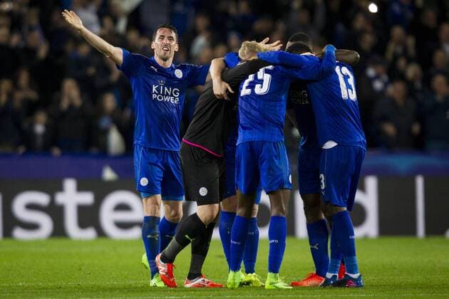 March 14th 2017, King Power Stadium, Leicester, England; UEFA Champions League Football 2nd Leg, Leicester City versus Seville; Leicester City players celebrate victory at the end of the match xGrahamxWilsonx  ActionPlus11856284