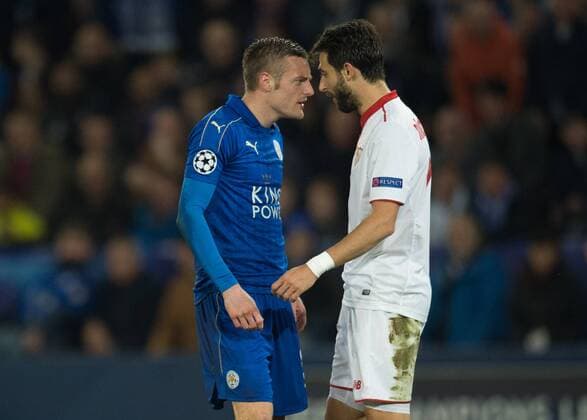 (170315) -- LEICESTER, March 15, 2017 -- Jamie Vardy (L) of Leicester City argues with Nicolas Pareja of Sevila FC during the round of 16 second Leg Champions League match between Leicester City and Sevilla FC at the King Power Stadium in Leicester, England on March 14, 2017. Leicester City won the match 2-0 to enter the semifinal with 3-2 on aggregate. ) (SP)BRITAIN-LEICESTER-CHAMPIONS LEAGUE-ROUND OF 16-LEICESTER CITY VS SEVILLA FC JonxBuckle 