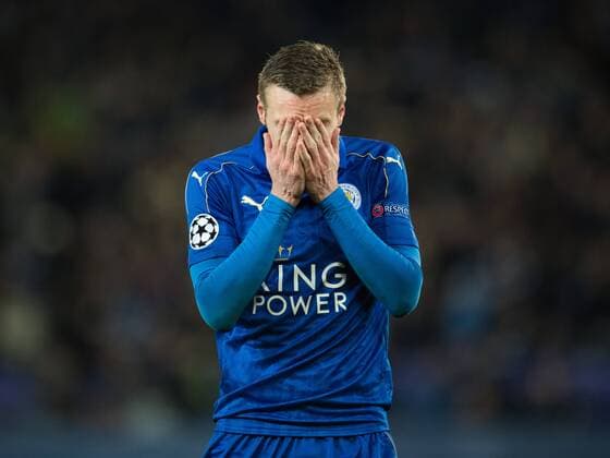 (170315) -- LEICESTER, March 15, 2017 -- Jamie Vardy of Leicester City reacts after a missing attempt on goal during the round of 16 second Leg Champions League match between Leicester City and Sevilla FC at the King Power Stadium in Leicester, England on March 14, 2017. Leicester City won the match 2-0 to enter the semifinal with 3-2 on aggregate. ) (SP)BRITAIN-LEICESTER-CHAMPIONS LEAGUE-ROUND OF 16-LEICESTER CITY VS SEVILLA FC JonxBuckle 