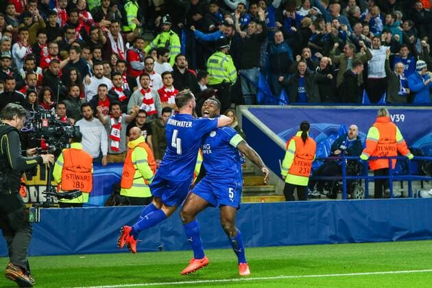 Wes Morgan, Daniel Drinkwater (Leicester), MARCH 14, 2017 - Football Soccer : Wes Morgan of Leicester City celebrates with Daniel Drinkwater as he scores a goal to make it 1-0 during the UEFA Champions League Round of 16 match between Leicester City and Sevilla at King Power Stadium in Leicester, England. Noxthirdxpartyxsales  (mdga013474)