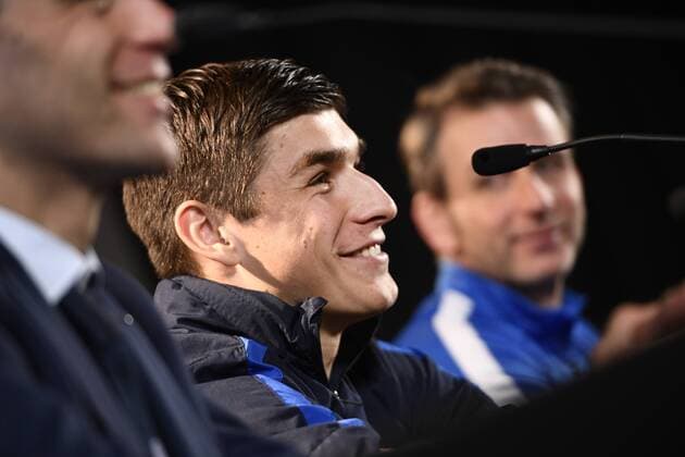 Genk s Ruslan Malinovsky and Genk s head coach Albert Stuivenberg pictured during a press conference PK Pressekonferenz of Belgian soccer team KRC Genk, Wednesday 15 March 2017, in Genk. Tomorrow Genk is playing a return-leg game of 1 8 finals of the Europa League competition against Belgian club KAA Gent. First leg in Gent ended on a 2-5 result. YORICKxJANSENS  x05064991x