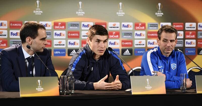 Genk s press officer Willem Boogaerts, Genk s Ruslan Malinovsky and Genk s head coach Albert Stuivenberg pictured during a press conference PK Pressekonferenz of Belgian soccer team KRC Genk, Wednesday 15 March 2017, in Genk. Tomorrow Genk is playing a return-leg game of 1 8 finals of the Europa League competition against Belgian club KAA Gent. First leg in Gent ended on a 2-5 result. YORICKxJANSENS  x05064992x