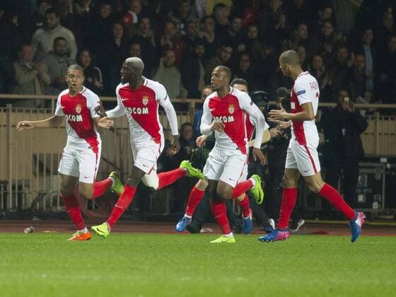 Football - UEFA Champions League - Round of Sixteen: AS Monaco 3 vs. Manchester City 5 monaco celebrates scoring their first goal, at the Stade Louis II. COLORSPORT WINSTON BYNORTH 