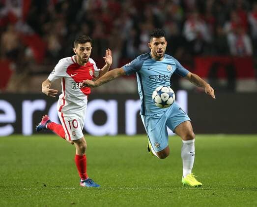Bernardo Silva of AS Monaco in action with Sergio Aguero of Manchester City during the UEFA Champions League Round of 16 2nd Leg match at the Stage Louis ll Stadium, Monaco. Picture date: March 15th, 2017. Pic credit should read: David Klein Sportimage EDITORIAL USE ONLY. No use with unauthorised audio, video, data, fixture lists, club league logos or live services. Online in-match use limited to 120 images, no video emulation. No use in betting, games or single club league player publications.