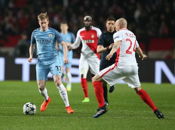 Kevin De Bruyne of Manchester City in action during the UEFA Champions League Round of 16 2nd Leg match at the Stage Louis ll Stadium, Monaco. Picture date: March 15th, 2017. Pic credit should read: David Klein Sportimage EDITORIAL USE ONLY. No use with unauthorised audio, video, data, fixture lists, club league logos or live services. Online in-match use limited to 120 images, no video emulation. No use in betting, games or single club league player publications.