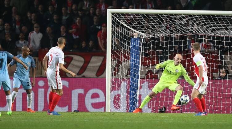 Fabinho of AS Monaco scores the second goal past Wilfredo Caballero of Manchester City during the UEFA Champions League Round of 16 2nd Leg match at the Stage Louis ll Stadium, Monaco. Picture date: March 15th, 2017. Pic credit should read: David Klein Sportimage EDITORIAL USE ONLY. No use with unauthorised audio, video, data, fixture lists, club league logos or live services. Online in-match use limited to 120 images, no video emulation. No use in betting, games or single club league player publications.