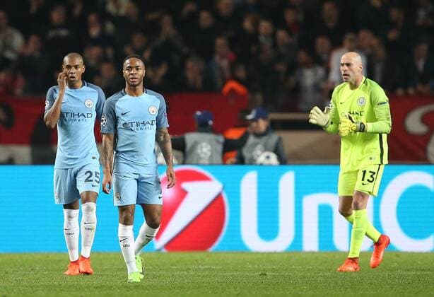 Wilfredo Caballero of Manchester City tries to rally Raheem Sterling of Manchester City during the UEFA Champions League Round of 16 2nd Leg match at the Stage Louis ll Stadium, Monaco. Picture date: March 15th, 2017. Pic credit should read: David Klein Sportimage EDITORIAL USE ONLY. No use with unauthorised audio, video, data, fixture lists, club league logos or live services. Online in-match use limited to 120 images, no video emulation. No use in betting, games or single club league player publications.