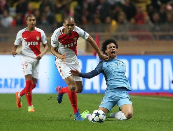 Leroy Sane of Manchester City in a action with Fabinho of AS Monaco during the UEFA Champions League Round of 16 2nd Leg match at the Stage Louis ll Stadium, Monaco. Picture date: March 15th, 2017. Pic credit should read: David Klein Sportimage EDITORIAL USE ONLY. No use with unauthorised audio, video, data, fixture lists, club league logos or live services. Online in-match use limited to 120 images, no video emulation. No use in betting, games or single club league player publications.
