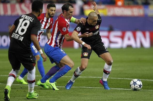Soccer match between Atletico de Madrid and Beyer Leverkusen of the 2016 2017 Champions League, held at the Vicente Calderon stadium, in Madrid, March 15, 2017. (Photo: J. Luis Cuesta 261 Cordon Press). Godin and Chicharito  xJosexLuisxCuestax xx