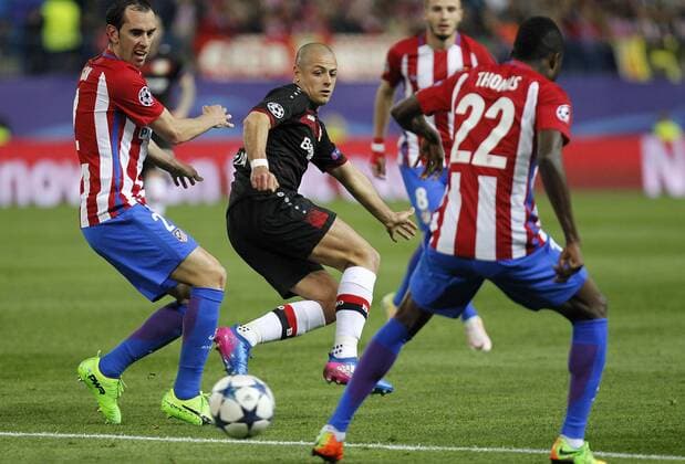 Soccer match between Atletico de Madrid and Beyer Leverkusen of the 2016 2017 Champions League, held at the Vicente Calderon stadium, in Madrid, March 15, 2017. (Photo: J. Luis Cuesta 261 Cordon Press). Godin and Chicharito  xJosexLuisxCuestax xx