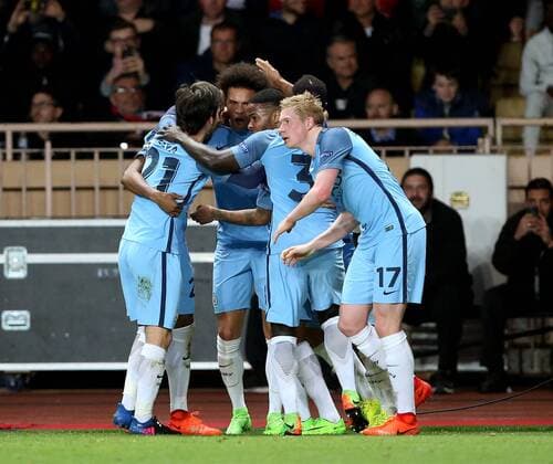 Leroy Sane of Manchester City celebrates his goal during the UEFA Champions League Round of 16 2nd Leg match at the Stage Louis ll Stadium, Monaco. Picture date: March 15th, 2017. Pic credit should read: David Klein Sportimage EDITORIAL USE ONLY. No use with unauthorised audio, video, data, fixture lists, club league logos or live services. Online in-match use limited to 120 images, no video emulation. No use in betting, games or single club league player publications.