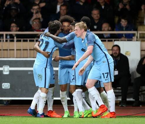 Leroy Sane of Manchester City celebrates his goal during the UEFA Champions League Round of 16 2nd Leg match at the Stage Louis ll Stadium, Monaco. Picture date: March 15th, 2017. Pic credit should read: David Klein Sportimage EDITORIAL USE ONLY. No use with unauthorised audio, video, data, fixture lists, club league logos or live services. Online in-match use limited to 120 images, no video emulation. No use in betting, games or single club league player publications.