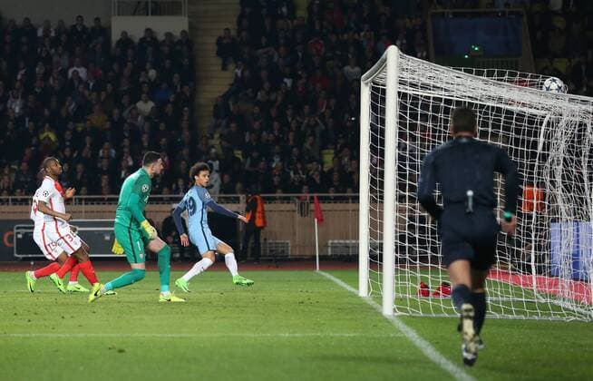 Leroy Sane of Manchester City scores during the UEFA Champions League Round of 16 2nd Leg match at the Stage Louis ll Stadium, Monaco. Picture date: March 15th, 2017. Pic credit should read: David Klein Sportimage EDITORIAL USE ONLY. No use with unauthorised audio, video, data, fixture lists, club league logos or live services. Online in-match use limited to 120 images, no video emulation. No use in betting, games or single club league player publications.