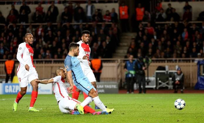 Sergio Aguero of Manchester City has an chance to score during the UEFA Champions League Round of 16 2nd Leg match at the Stage Louis ll Stadium, Monaco. Picture date: March 15th, 2017. Pic credit should read: David Klein Sportimage EDITORIAL USE ONLY. No use with unauthorised audio, video, data, fixture lists, club league logos or live services. Online in-match use limited to 120 images, no video emulation. No use in betting, games or single club league player publications.