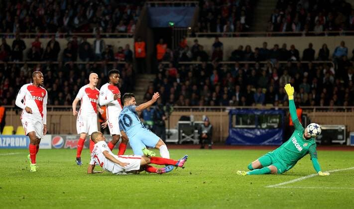 Sergio Aguero of Manchester City has an chance to score during the UEFA Champions League Round of 16 2nd Leg match at the Stage Louis ll Stadium, Monaco. Picture date: March 15th, 2017. Pic credit should read: David Klein Sportimage EDITORIAL USE ONLY. No use with unauthorised audio, video, data, fixture lists, club league logos or live services. Online in-match use limited to 120 images, no video emulation. No use in betting, games or single club league player publications.