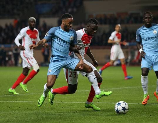 Raheem Sterling of Manchester City in action with Benjamin Mendy of AS Monaco during the UEFA Champions League Round of 16 2nd Leg match at the Stage Louis ll Stadium, Monaco. Picture date: March 15th, 2017. Pic credit should read: David Klein Sportimage EDITORIAL USE ONLY. No use with unauthorised audio, video, data, fixture lists, club league logos or live services. Online in-match use limited to 120 images, no video emulation. No use in betting, games or single club league player publications.
