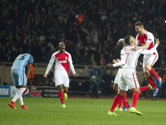 Football - UEFA Champions League - Round of Sixteen: AS Monaco 3 vs. Manchester City 5 Monaco celebrate victory at the Stade Louis II. COLORSPORT WINSTON BYNORTH 