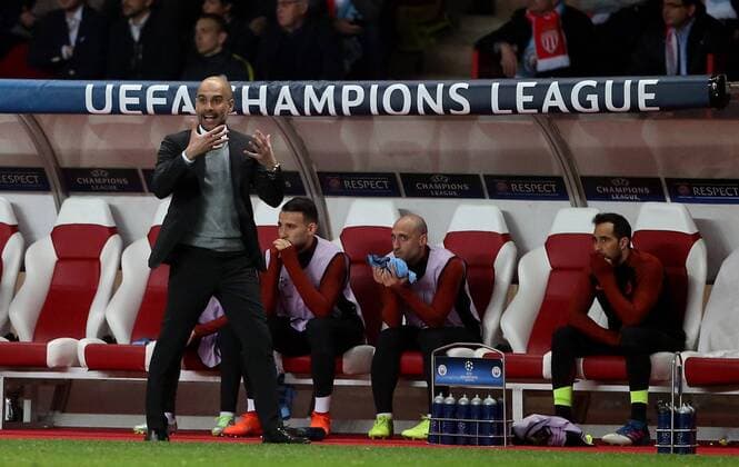 Fußball, CL, AS Monaco - Manchester City Josep Guardiola manager of Manchester City prowls the touchline during the UEFA Champions League Round of 16 2nd Leg match at the Stage Louis ll Stadium, Monaco. Picture date: March 15th, 2017. Pic credit should read: David Klein Sportimage EDITORIAL USE ONLY. No use with unauthorised audio, video, data, fixture lists, club league logos or live services. Online in-match use limited to 120 images, no video emulation. No use in betting, games or single club league player publications.