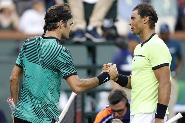 Bilder des Tages - SPORT March 15, 2017 Roger Federer of Switzerland shakes hands at the net after his straight sets victory against Rafael Nadal of Spain during the 2017 BNP Paribas Open at Indian Wells Tennis Garden in Indian Wells, California. CSM Tennis 2017: BNP Paribas Open MAR 15 - ZUMAc04_ 20170315_zaf_c04_197 Copyright: xCharlesxBausx