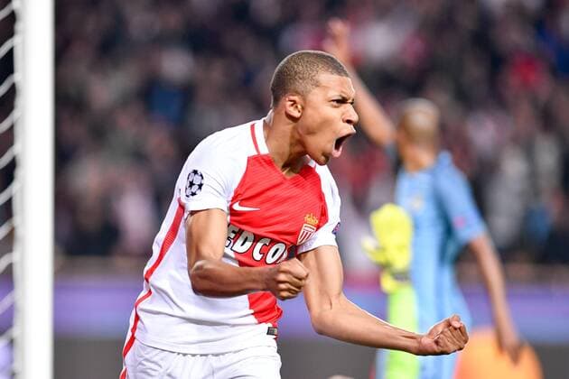 (170316) -- FONTVIEILLE, March 16, 2017 -- Kylian Mbappe of AS Monaco celebrates his goal during the second leg of the Champions League Round of 16 between Manchester City and AS Monaco at the Louis II Stadium in Fontvieille, Monaco on March 15, 2017. AS Monaco won the match 3-1 to enter the quarterfinal. ) (SP)MONACO-FONTVIEILLE-CHAMPIONS LEAGUE-ROUND OF 16-MAN CITY VS AS MONACO ChenxYichen 