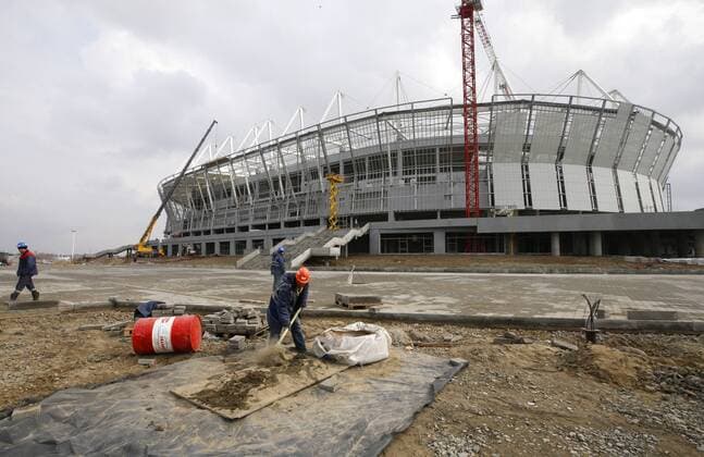 ROSTOV-ON-DON, RUSSIA - MARCH 16, 2017: Workers at the construction site of Rostov Arena Stadium, a venue for the 2018 FIFA World Cup WM Weltmeisterschaft Fussball Valery Matytsin TASS  TS0447C7