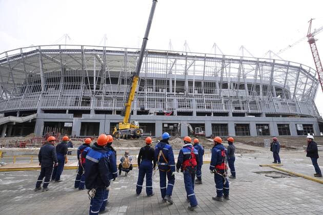 ROSTOV-ON-DON, RUSSIA - MARCH 16, 2017: Workers at the construction site of Rostov Arena stadium, a venue for 2018 FIFA World Cup WM Weltmeisterschaft Fussball matches. Valery Matytsin TASS  TS0447B6