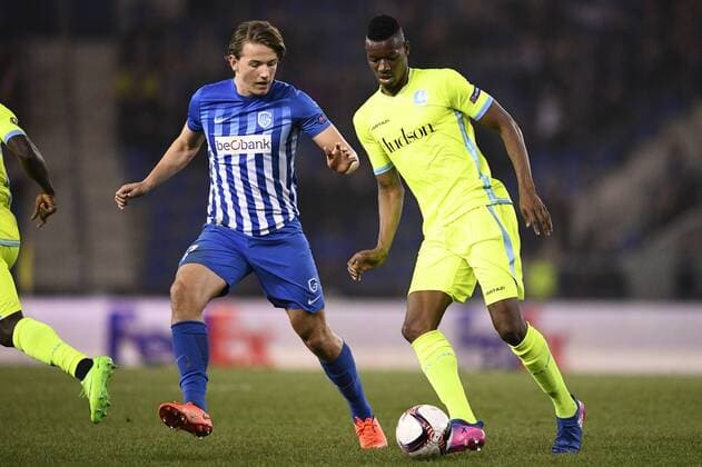 Genk s Sander Berge and Gent s Kalifa Coulibaly fight for the ball during the return game of 1 8 finals of the Europa League competition between Belgian soccer team KRC Genk and Belgian club KAA Gent, Thursday 16 March 2017, in Genk. First leg in Gent ended on a 2-5 result. YORICKxJANSENS  x05065782x