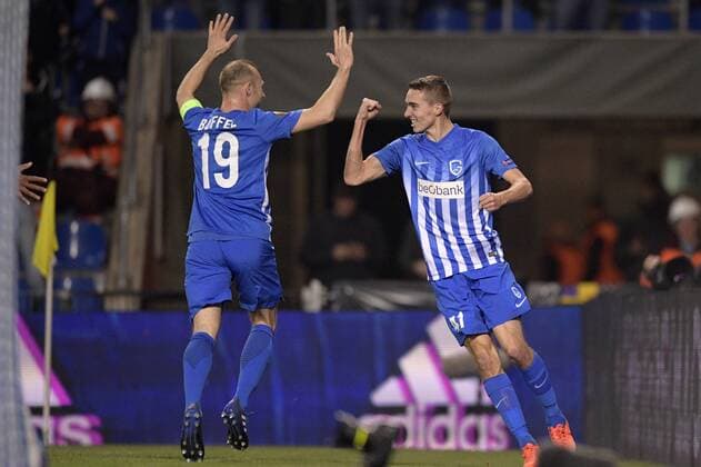 Genk s Thomas Buffel and Genk s Timothy Castagne celebrate during the return game of 1 8 finals of the Europa League competition between Belgian soccer team KRC Genk and Belgian club KAA Gent, Thursday 16 March 2017, in Genk. First leg in Gent ended on a 2-5 result. YORICKxJANSENS  x05065793x