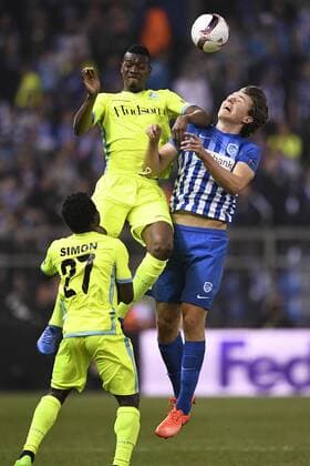 Gent s Kalifa Coulibaly and Genk s Sander Berge fight for the ball during the return game of 1 8 finals of the Europa League competition between Belgian soccer team KRC Genk and Belgian club KAA Gent, Thursday 16 March 2017, in Genk. First leg in Gent ended on a 2-5 result. YORICKxJANSENS  x05065771x