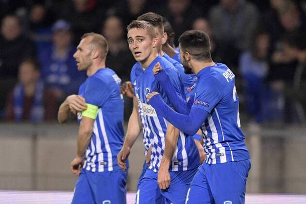 Genk s Timothy Castagne celebrates after scoring during the return game of 1 8 finals of the Europa League competition between Belgian soccer team KRC Genk and Belgian club KAA Gent, Thursday 16 March 2017, in Genk. First leg in Gent ended on a 2-5 result. YORICKxJANSENS  x05065810x