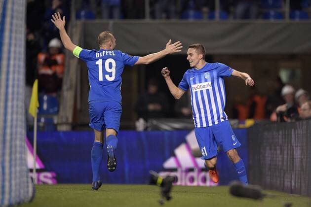 Genk s Thomas Buffel and Genk s Timothy Castagne celebrate during the return game of 1 8 finals of the Europa League competition between Belgian soccer team KRC Genk and Belgian club KAA Gent, Thursday 16 March 2017, in Genk. First leg in Gent ended on a 2-5 result. YORICKxJANSENS  x05065807x
