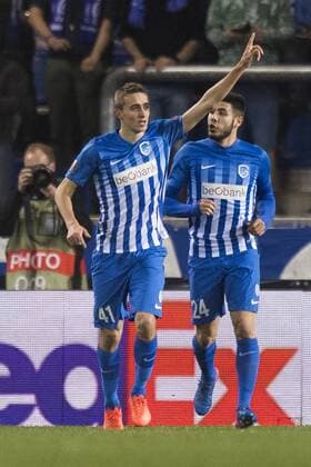 Genk s Timothy Castagne celebrate after scoring during the return game of 1 8 finals of the Europa League competition between Belgian soccer team KRC Genk and Belgian club KAA Gent, Thursday 16 March 2017, in Genk. First leg in Gent ended on a 2-5 result. JASPERxJACOBS  x05065814x