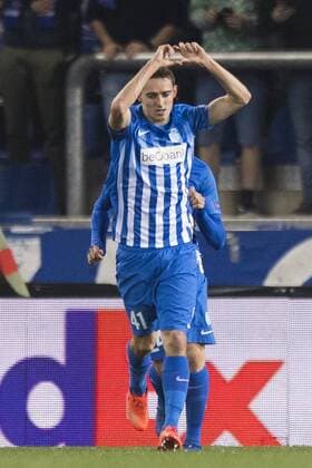 Genk s Timothy Castagne celebrate after scoring during the return game of 1 8 finals of the Europa League competition between Belgian soccer team KRC Genk and Belgian club KAA Gent, Thursday 16 March 2017, in Genk. First leg in Gent ended on a 2-5 result. JASPERxJACOBS  x05065817x