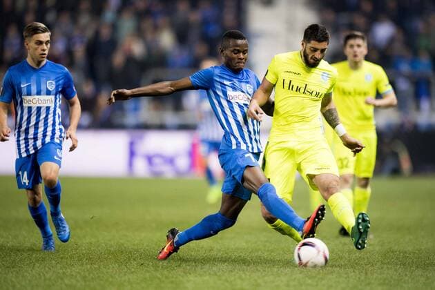 Gent s Thibault De Smet, Gent s Louis Verstraete and Gent s Ibrahim Rabiu celebrate after scoring during the return game of 1 8 finals of the Europa League competition between Belgian soccer team KRC Genk and Belgian club KAA Gent, Thursday 16 March 2017, in Genk. First leg in Gent ended on a 2-5 result. JASPERxJACOBS  x05065907x