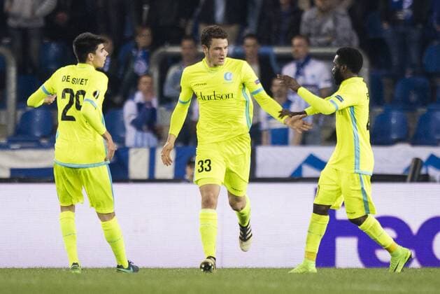 Gent s Thibault De Smet, Gent s Louis Verstraete and Gent s Ibrahim Rabiu celebrate after scoring during the return game of 1 8 finals of the Europa League competition between Belgian soccer team KRC Genk and Belgian club KAA Gent, Thursday 16 March 2017, in Genk. First leg in Gent ended on a 2-5 result. JASPERxJACOBS  x05065906x