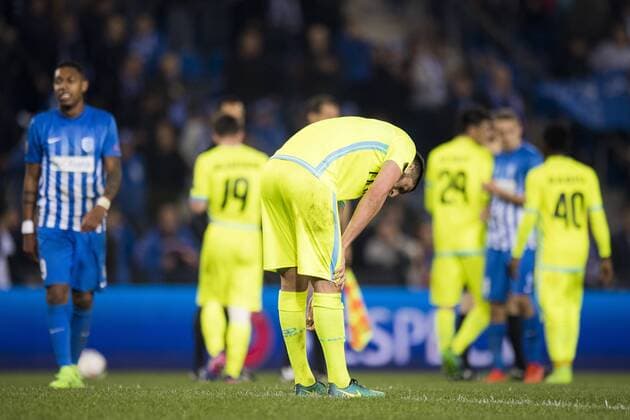 Gent s Samuel Gigot show defeat after the return game of 1 8 finals of the Europa League competition between Belgian soccer team KRC Genk and Belgian club KAA Gent, Thursday 16 March 2017, in Genk. First leg in Gent ended on a 2-5 result. JASPERxJACOBS  x05065920x