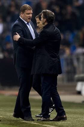 Gent s head coach Hein Vanhaezebrouck and Genk s head coach Albert Stuivenberg pictured after the return game of 1 8 finals of the Europa League competition between Belgian soccer team KRC Genk and Belgian club KAA Gent, Thursday 16 March 2017, in Genk. First leg in Gent ended on a 2-5 result. JASPERxJACOBS  x05065918x