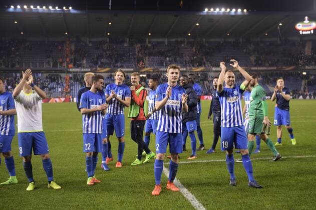 Genk s Jakub Brabec and Genk s Thomas Buffel celebrate after winning the return game of 1 8 finals of the Europa League competition between Belgian soccer team KRC Genk and Belgian club KAA Gent, Thursday 16 March 2017, in Genk. First leg in Gent ended on a 2-5 result. YORICKxJANSENS  x05065933x