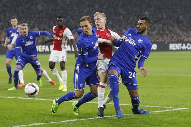 (L-R) Ludwig Augustinsson of FC Copenhagen, Donny van de Beek of Ajax, Youssef Toutouh of FC Copenhagenduring the UEFA Europa League round of 32 match between Ajax Amsterdam and FC Copenhagen at the Amsterdam Arena on March 16, 2017 in Amsterdam, The Netherlands Ajax v FC Kopenhagen UEFA Europa League 2016 2017 xVIxxIVx 7353712