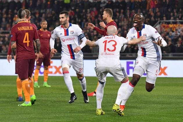 Fußball, EL, AS Rom - Olympique Lyon Esultanza Gol Mouctar Dikhaby Lyon 0-1 Goal celebration Football, Roma 16-03-2017 Europa League 2016 2017 Round of 16 AS Rom - Olympique Lyon AndreaxStaccioli