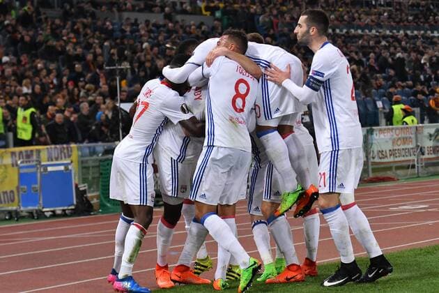 Fußball, EL, AS Rom - Olympique Lyon Esultanza Gol Mouctar Dikhaby Lyon 0-1 Goal celebration Football, Roma 16-03-2017 Europa League 2016 2017 Round of 16 AS Rom - Olympique Lyon AndreaxStaccioli