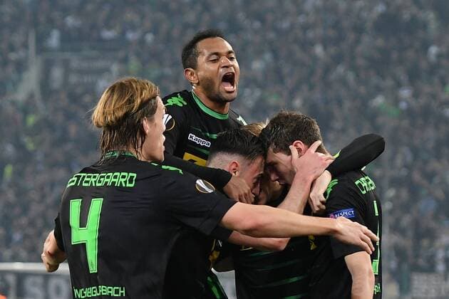 GER, Borussia Mönchengladbach (GER) vs. FC Schalke 04 (GER) 16.03.2017, Borussia Park , Moenchengladbach , Europa Leaque, Achtelfinale, Rueckspiel GER, Borussia Mönchengladbach (GER) vs. FC Schalke 04 (GER) im Bild: Torschuetze Andreas Christensen (Gladbach 3), bejubelt seinen Treffer zum 1:0 mit Josip Drmic (Gladbach 9 ),Raffael (Gladbach 11),Jannik Vestergaard (Gladbach 4),Querformat, Foto © nordphoto Meuter nordphotox xMeuter