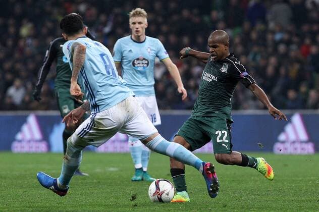 KRASNODAR, RUSSIA - MARCH 16, 2017: Celta de Vigoâ€™s Pablo Hernandez, Daniel Wass, and FC Krasnodarâ€™s Joaozinho (L-R) fight for the ball in their 2016-17 UEFA Europa League Round of 16 Leg 2 football match at Krasnodar Stadium. Celta de Vigo won the game 2-0. Vitaly Timkiv TASS  TS044892