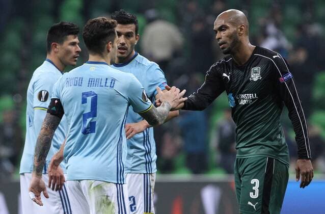 KRASNODAR, RUSSIA - MARCH 16, 2017: Celta de Vigoâ€™s Jozabed, Hugo Mallo, Gustavo Cabral, and FC Krasnodarâ€™s Naldo (L-R) seen after their 2016-17 UEFA Europa League Round of 16 Leg 2 football match at Krasnodar Stadium. Celta de Vigo won the game 2-0. Vitaly Timkiv TASS  TS044896
