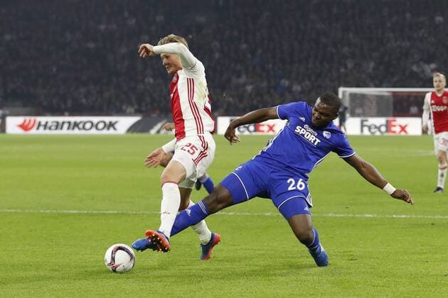(L-R) Kasper Dolberg of Ajax, Jores Okore of FC Copenhagenduring the UEFA Europa League round of 32 match between Ajax Amsterdam and FC Copenhagen at the Amsterdam Arena on March 16, 2017 in Amsterdam, The Netherlands Ajax v FC Kopenhagen UEFA Europa League 2016 2017 xVIxxIVx 7354194
