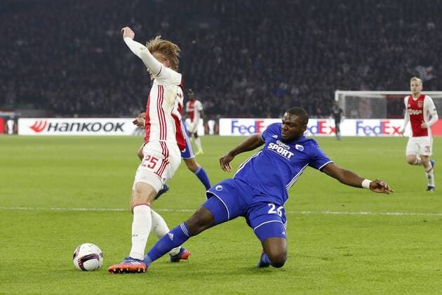 (L-R) Kasper Dolberg of Ajax, Jores Okore of FC Copenhagenduring the UEFA Europa League round of 32 match between Ajax Amsterdam and FC Copenhagen at the Amsterdam Arena on March 16, 2017 in Amsterdam, The Netherlands Ajax v FC Kopenhagen UEFA Europa League 2016 2017 xVIxxIVx 7354195
