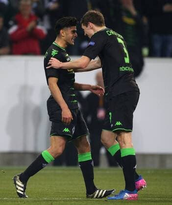 16.03.2017, Fussball, UEFA Europa League, Saison 2016 2017, Achtelfinale, Borussia Moenchengladbach - FC Schalke 04, v. l.Mahmoud DAHOUD (Borussia Moenchengladbach) und Andreas CHRISTENSEN (Borussia Moenchengladbach) jubeln