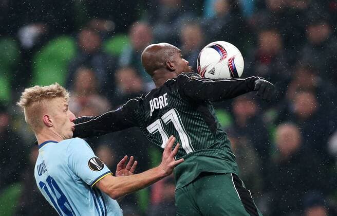 KRASNODAR, RUSSIA - MARCH 16, 2017: Celta de Vigoâ€™s Daniel Wass (L) and FC Krasnodarâ€™s Charles Kabore fight for the ball in their 2016-17 UEFA Europa League Round of 16 Leg 2 football match at Krasnodar Stadium. Celta de Vigo won the game 2-0. Vitaly Timkiv TASS  TS044897