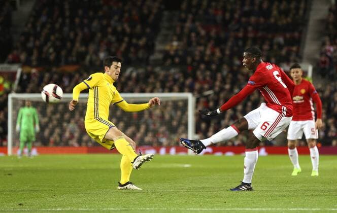 Paul Pogba of Manchester United ManU fires a shot at goal during the UEFA Europa League Round of 16 2nd leg match at Old Trafford Stadium, Manchester. Picture date: March 16th, 2017. Pic credit should read: Matt McNulty Sportimage EDITORIAL USE ONLY. No use with unauthorised audio, video, data, fixture lists, club league logos or live services. Online in-match use limited to 120 images, no video emulation. No use in betting, games or single club league player publications.