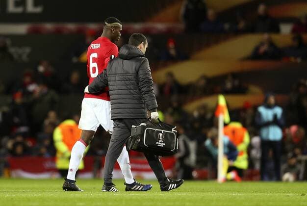 Paul Pogba of Manchester United ManU leaves the field with an injury during the UEFA Europa League Round of 16 2nd leg match at Old Trafford Stadium, Manchester. Picture date: March 16th, 2017. Pic credit should read: Matt McNulty Sportimage EDITORIAL USE ONLY. No use with unauthorised audio, video, data, fixture lists, club league logos or live services. Online in-match use limited to 120 images, no video emulation. No use in betting, games or single club league player publications.